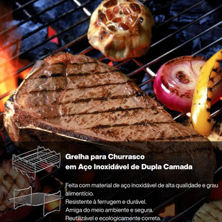 Suporte para Espetinhos e Costelas em Aço Inox 2 em 1 para Churrasqueira