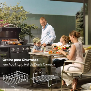 Suporte para Espetinhos e Costelas em Aço Inox 2 em 1 para Churrasqueira