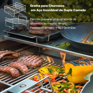 Suporte para Espetinhos e Costelas em Aço Inox 2 em 1 para Churrasqueira