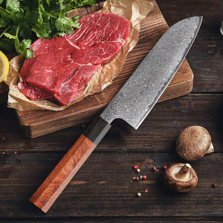 Faca Santoku Japonesa em Aço Damasco com Cabo de Madeira Profissional