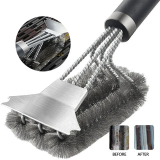 Escova 3 em 1 para Limpeza de Churrasqueira com Cerdas em Aço Inox Trançado