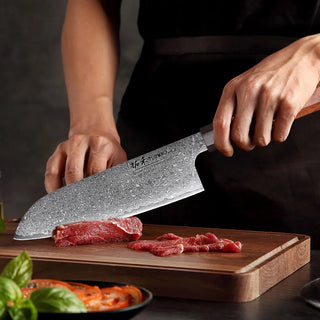 Faca Santoku Japonesa em Aço Damasco com Cabo de Madeira Profissional