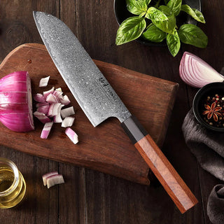 Faca Santoku Japonesa em Aço Damasco com Cabo de Madeira Profissional